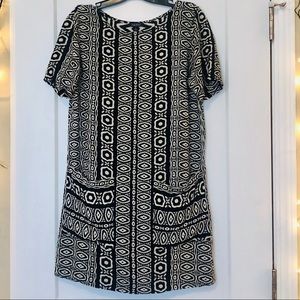 Lucky Brand Black & White Geometric Fully Lined Short Sleeve Dress Small